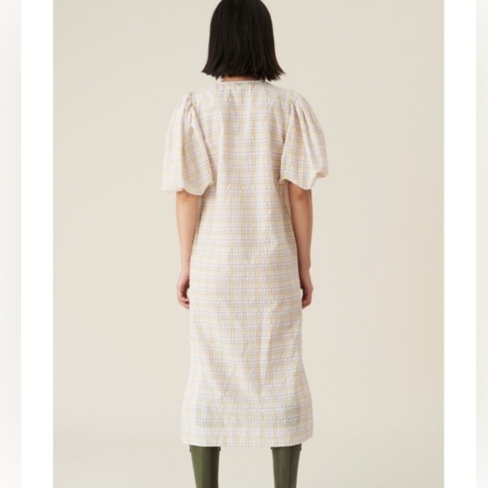 GANNI | Seersucker Pastel Checkered Puffy Sleeve Midi Dress EU 36 - Picture 7 of 14